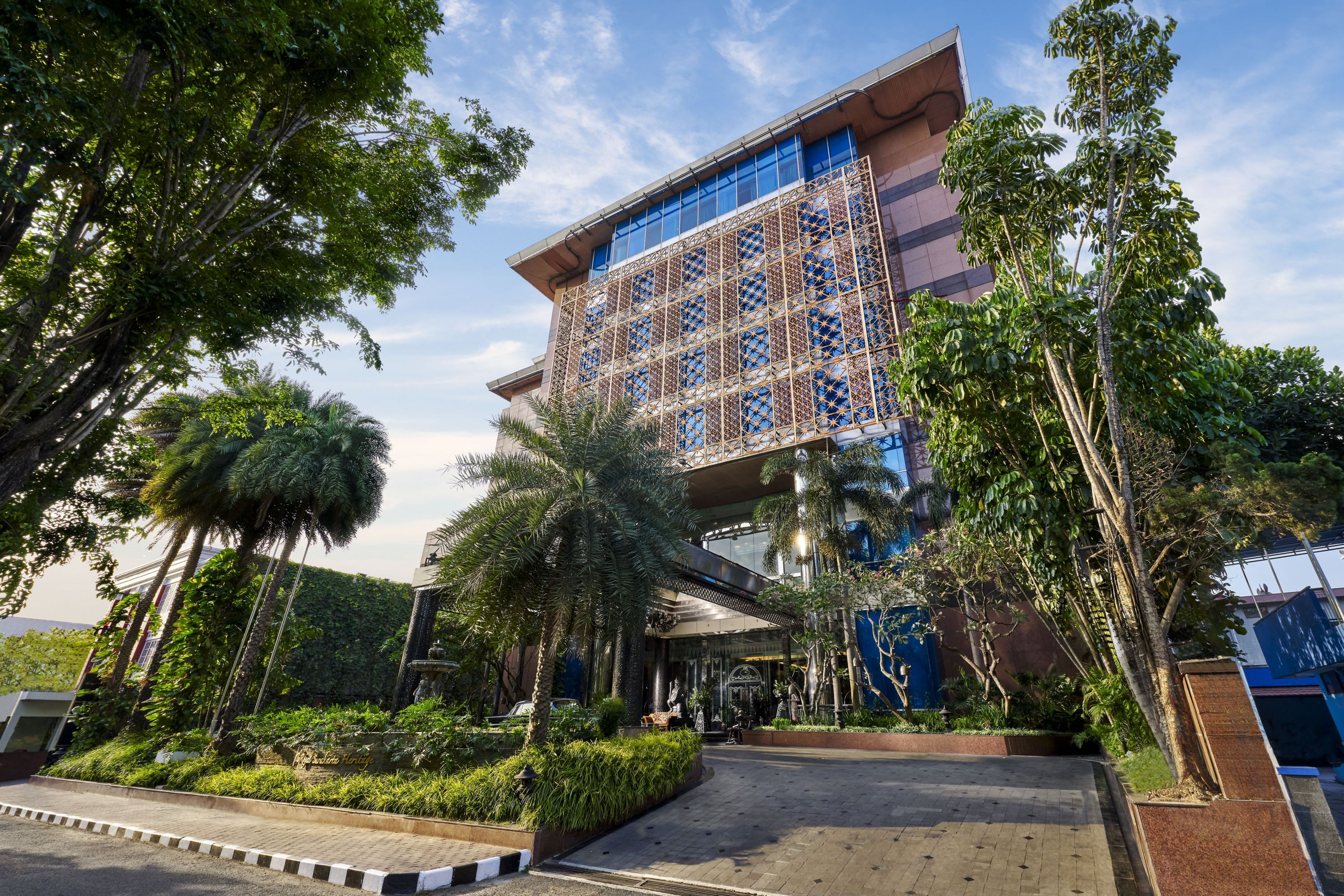 Modern hotel with unique facade on a sunny day