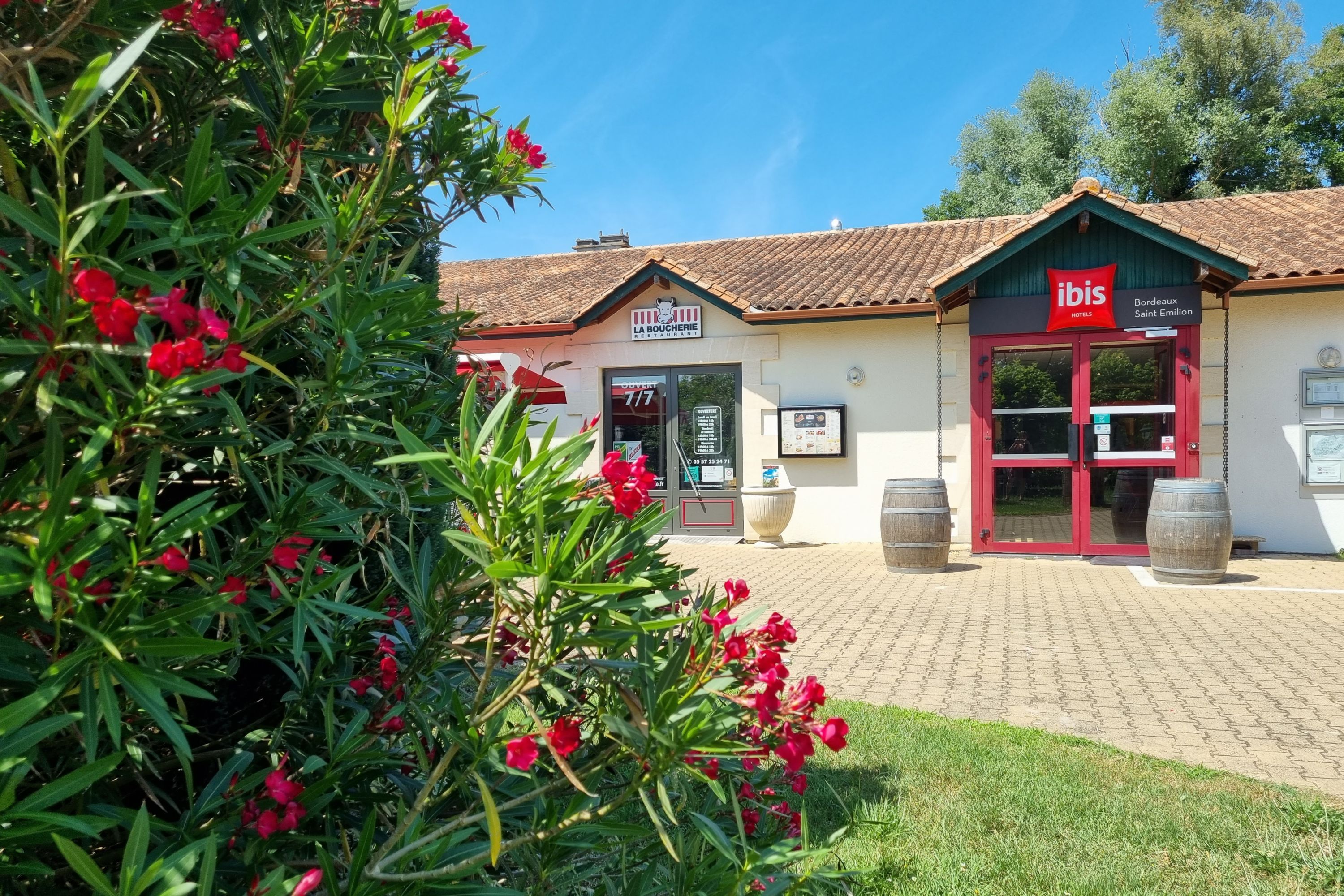 Sunny Exterior of ibis Bordeaux Saint Emilion with Oleander Flowers