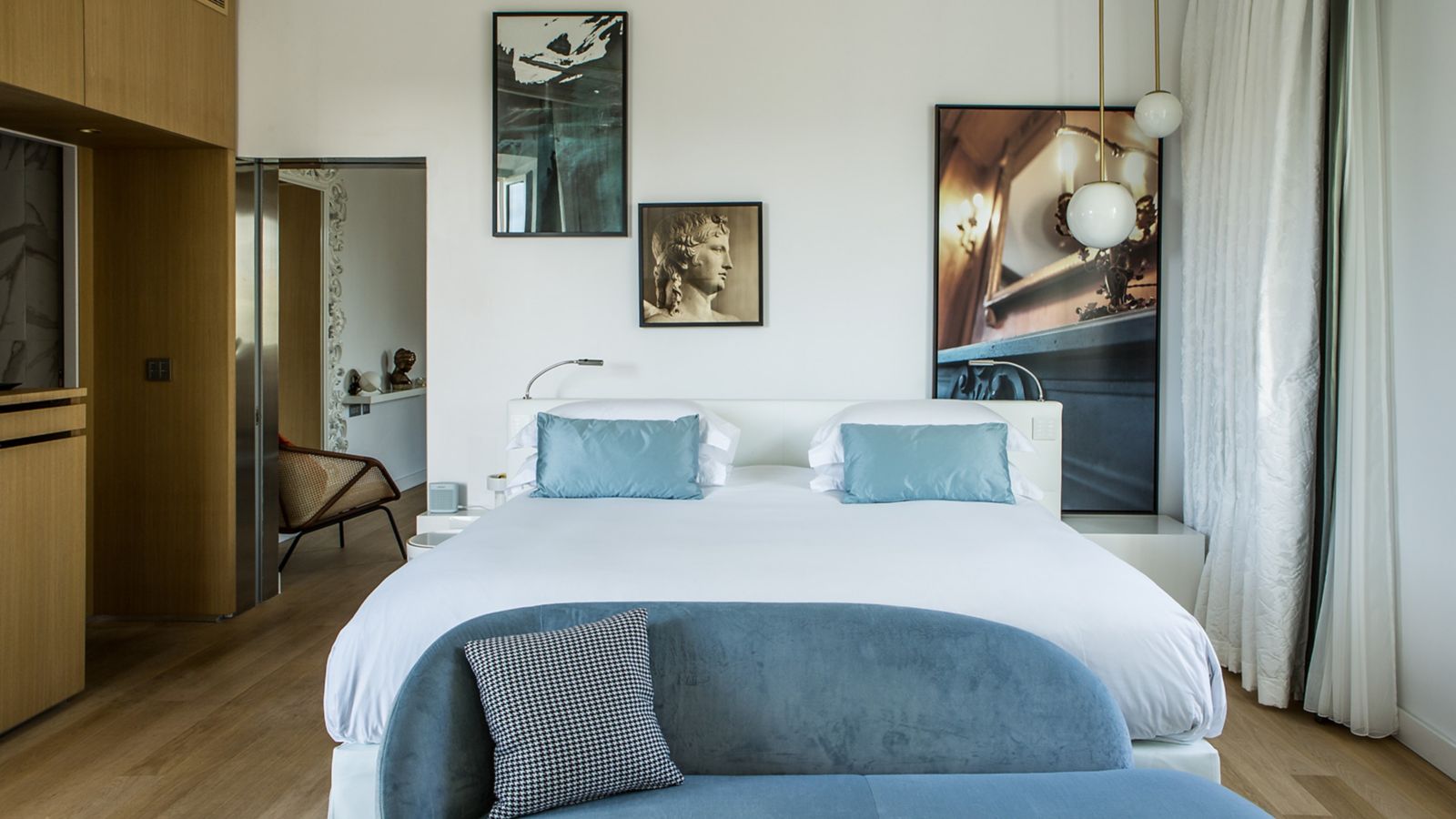 Modern Hotel Room with King Size Bed and Art Deco