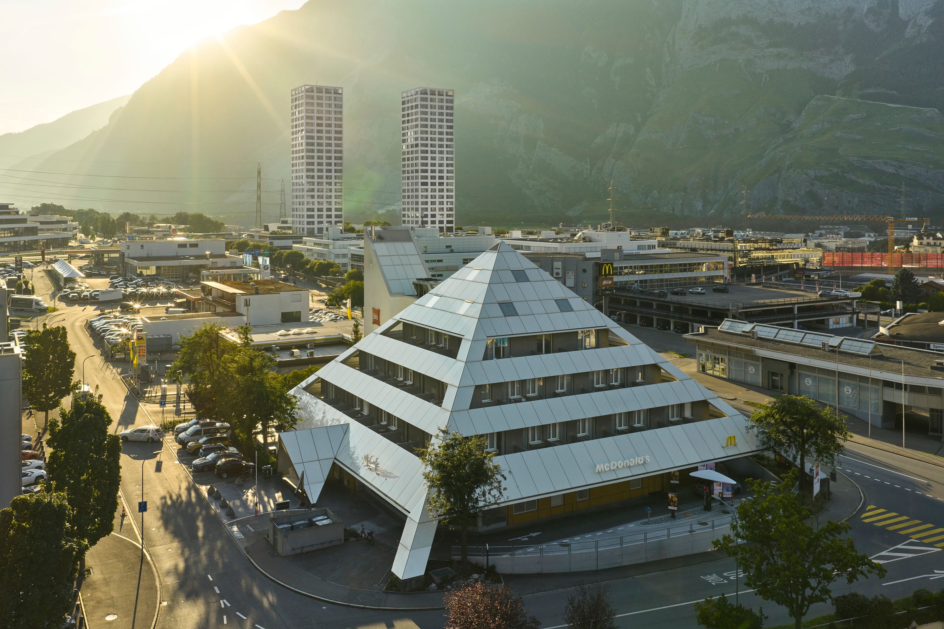 Pyramid-shaped Hotel and McDonald's