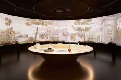 Illustrations and exhibits on the history of chocolate at the Lindt Museum near Zurich