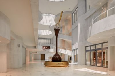 The massive chocolate fountain in the foyer of the Lindt Museum near Zurich