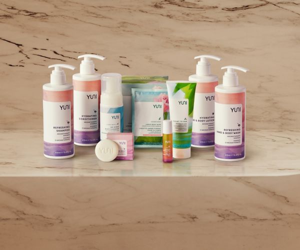 Collection of natural body care, shampoos, and lotions from Mövenpick Hotels