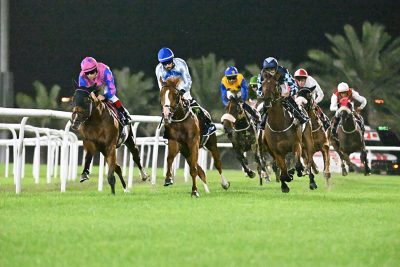 Jockeys and horses race towards the finish line