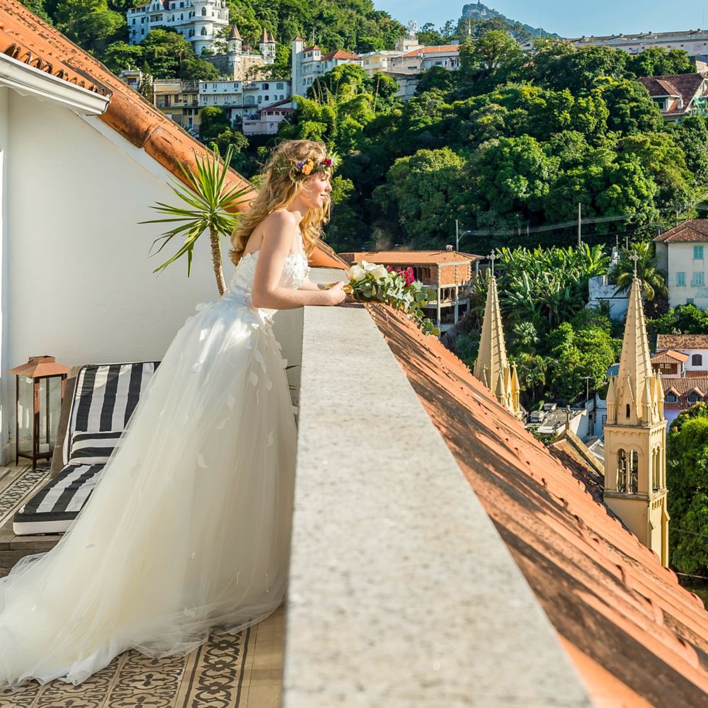 bride enjoying the view in the balcony