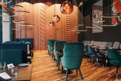 The playful interior of BLEND restaurant in Pullman Berlin Schweizerhof