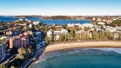 Aerial view of Manly beach and Manly's harbourside beach