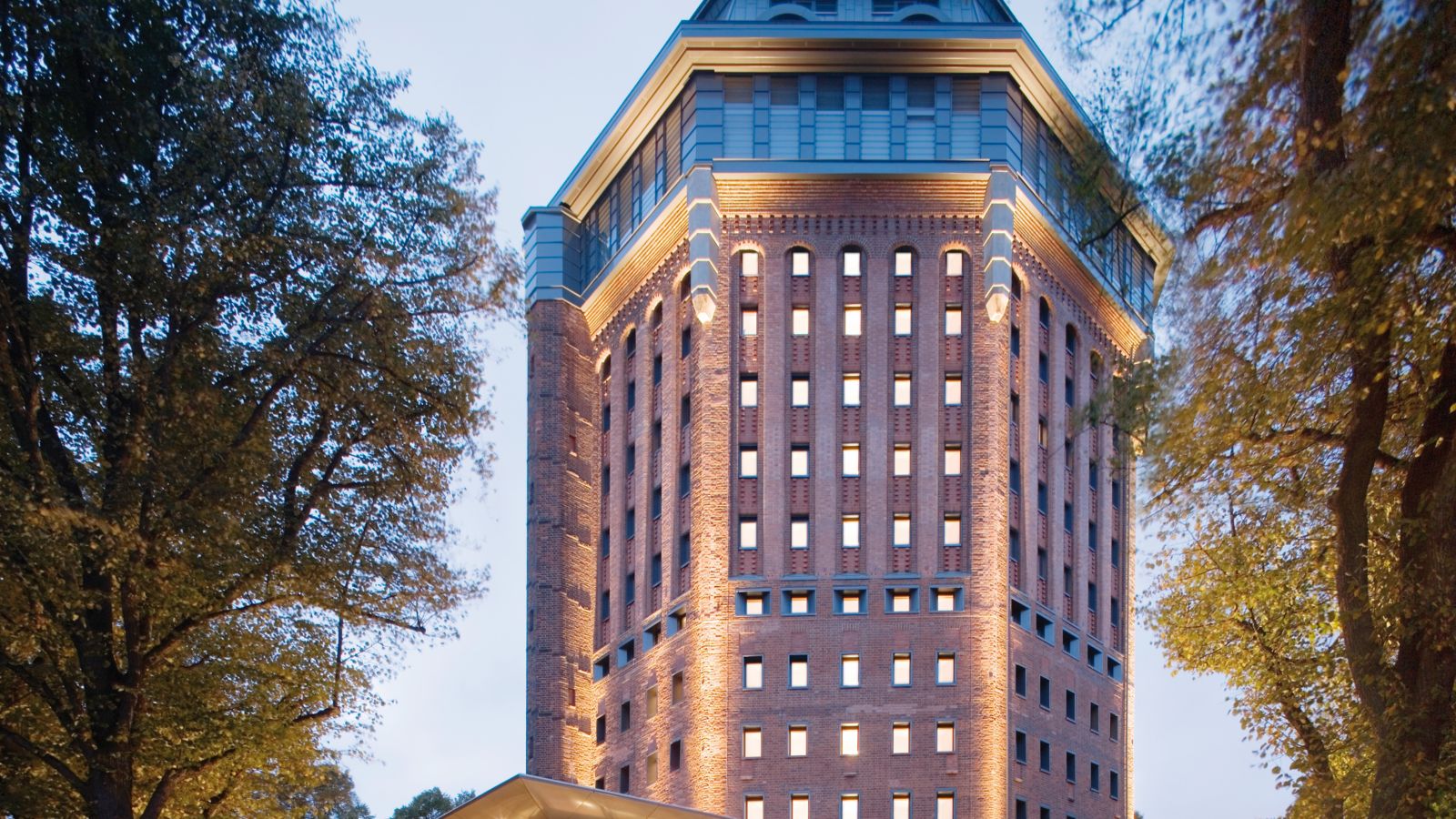 The impressive exterior of Mövenpick Hamburg hotel, in a restored water tower