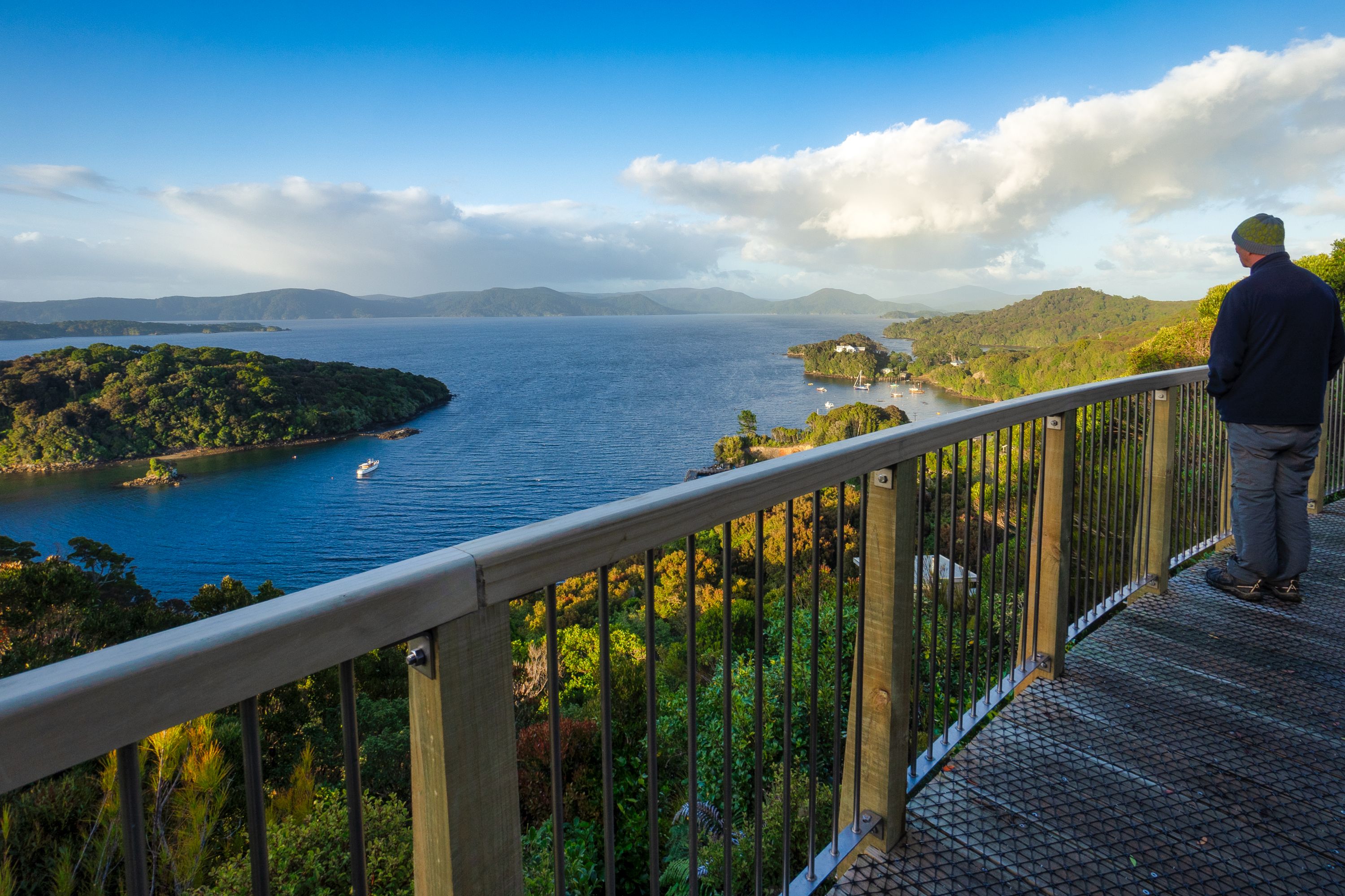 Observation Rock Viewpoint looking over Paterson Inlet and Ulva Island, Oban on Rakiura Stewart Island in New Zealand.