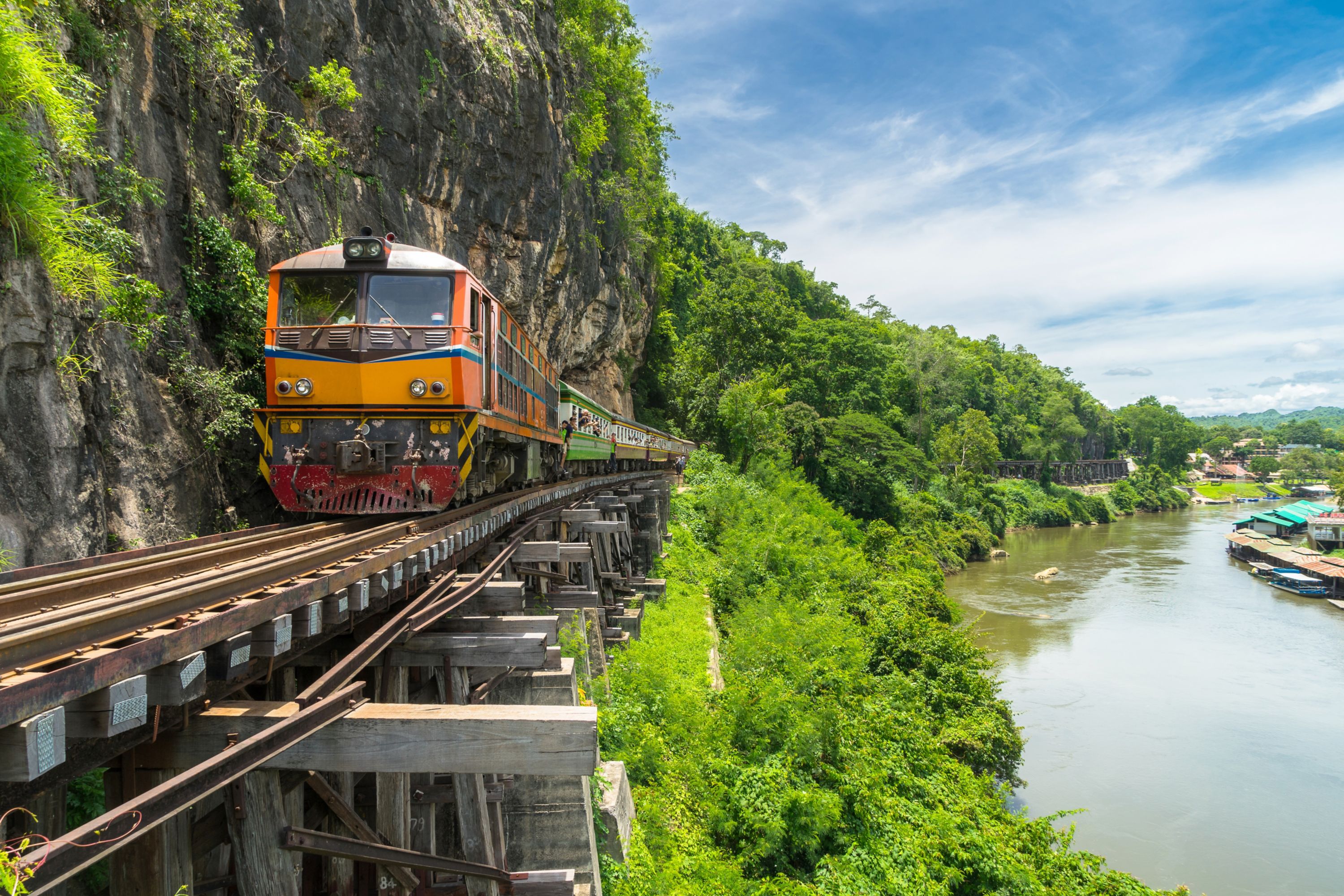 Train on River Kwai Bridge of Kanchanaburi, Thailand.