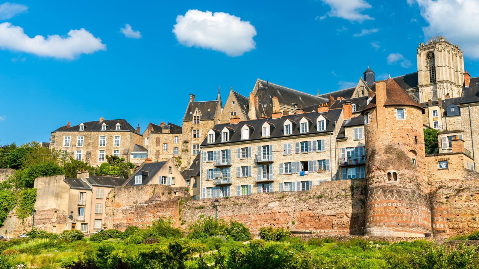 historic buildings and medieval walls in Le Mans France