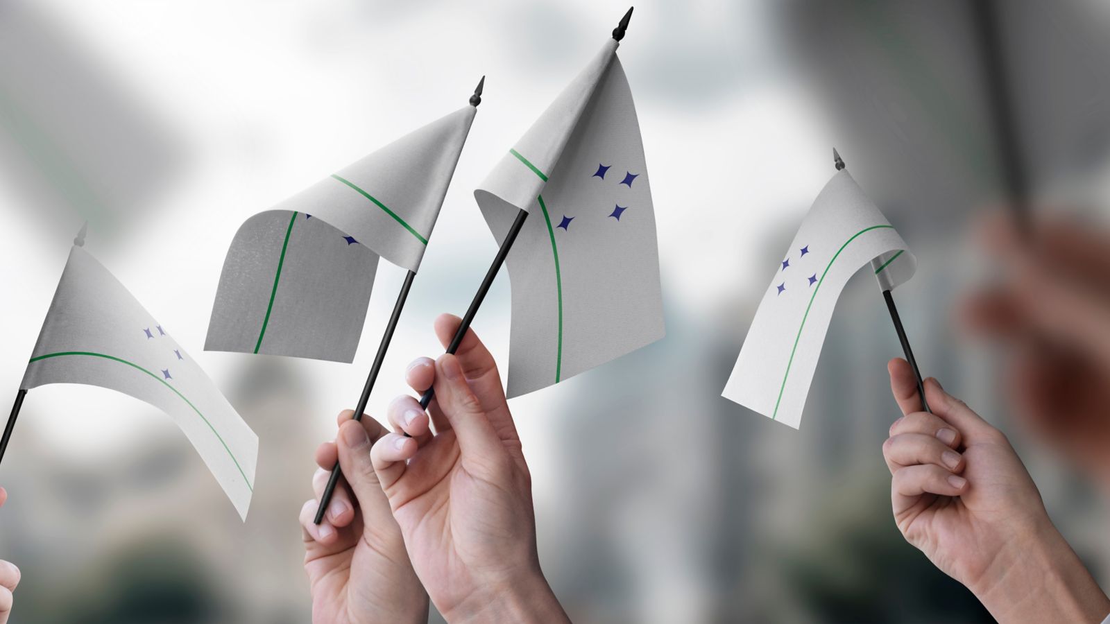 Personas con pequeñas banderas blancas que representan zonas de libre comercio.