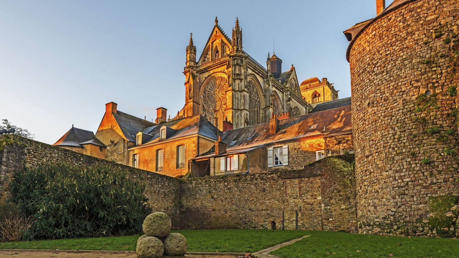 historic cathedral and stone walls in Le Mans France